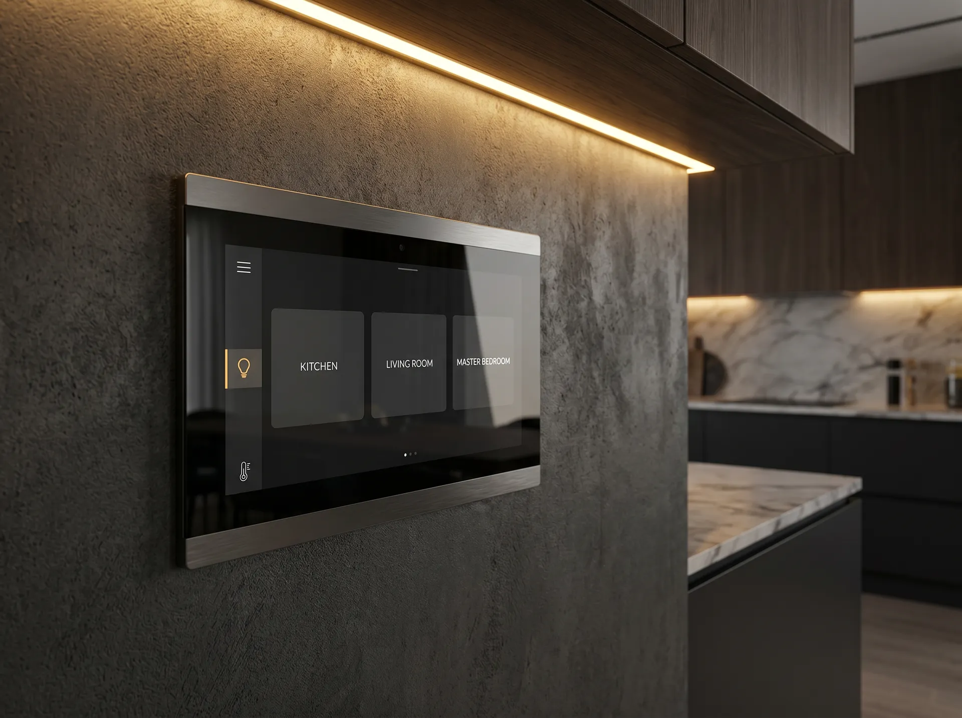 An in-wall Control4 touchscreen showing tiles for kitchen, living room, and master bedroom